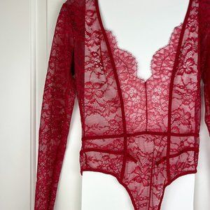 Victoria’s Secret Red Lace, Deep V, Long-Sleeve Teddy Bodysuit